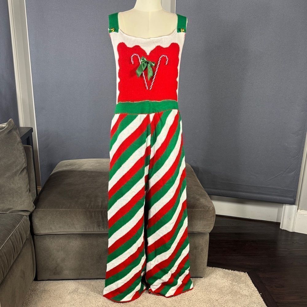 Women’s Spadehill Festive Striped One Piece Sweater Jumpsuit Candy Cane Size L